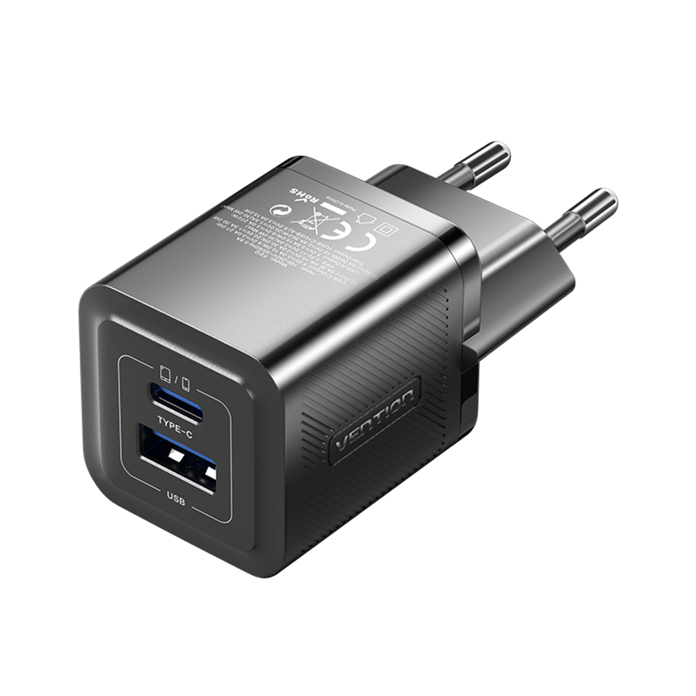 Vention USB-C+A (30W/30W, 2-portos, fekete, GaN), töltő