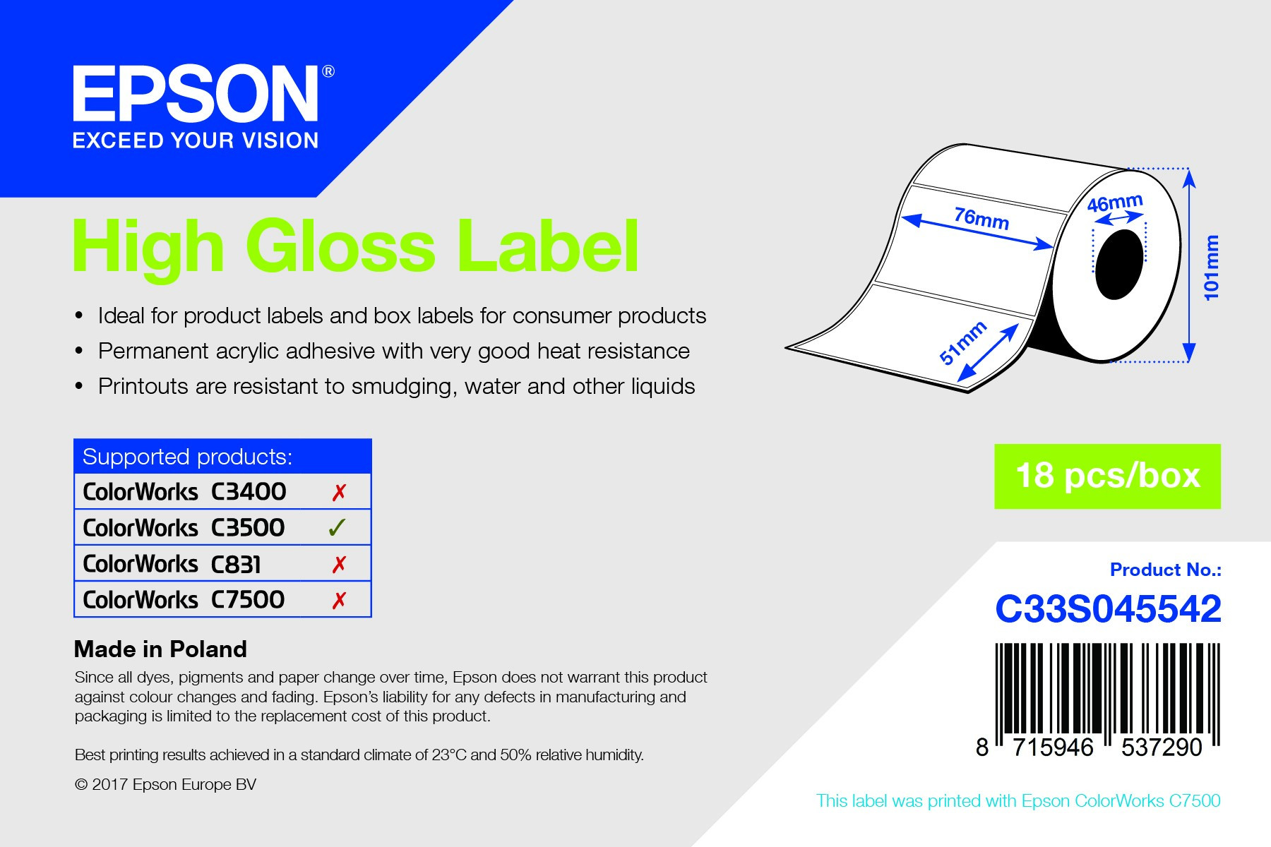 Epson magasfényű inkjet 76mm x 51mm 610 címke /tekercs