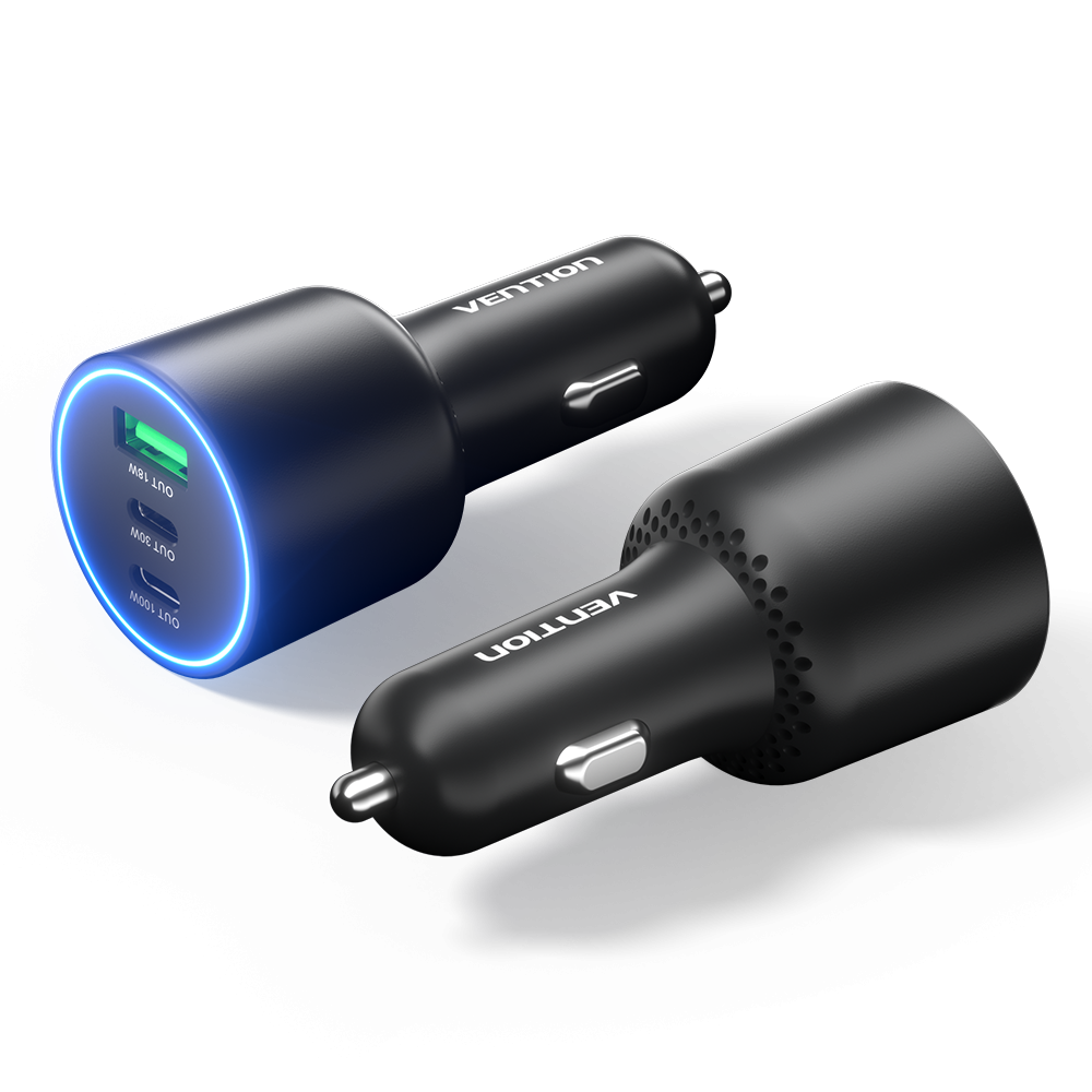 Vention USB-A+C*2 (3port,100/30/18W, fekete,szivargyújtós), töltő