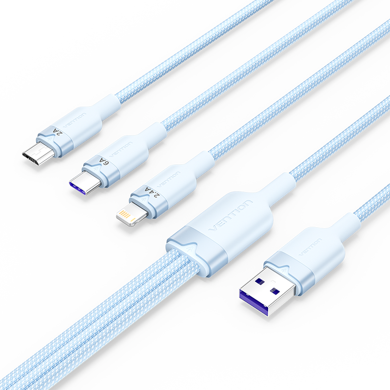 Vention USB-A 2.0/M -> USB-C/Lightning/Micro USB-B, 1,5m,(blue,6A,3in1), kábel