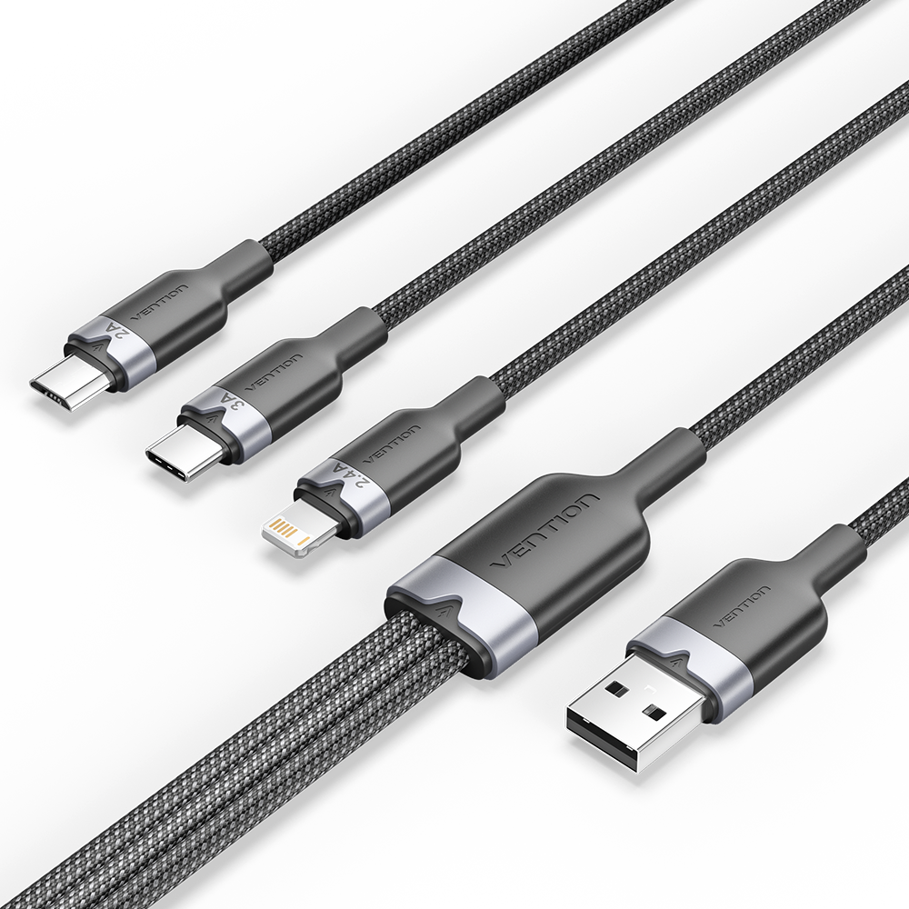 Vention USB-A 2.0/M -> USB-C/Lightning/Micro USB-B, 1,5m,(fekete,3A,3in1), kábel