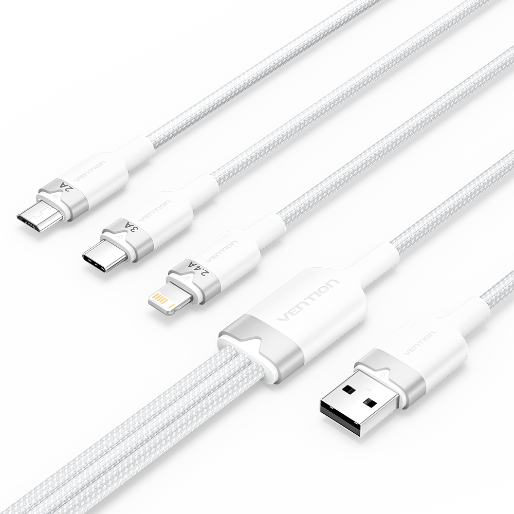 Vention USB-A 2.0/M -> USB-C/Lightning/Micro USB-B, 1,5m,(fehér,3A,3in1), kábel