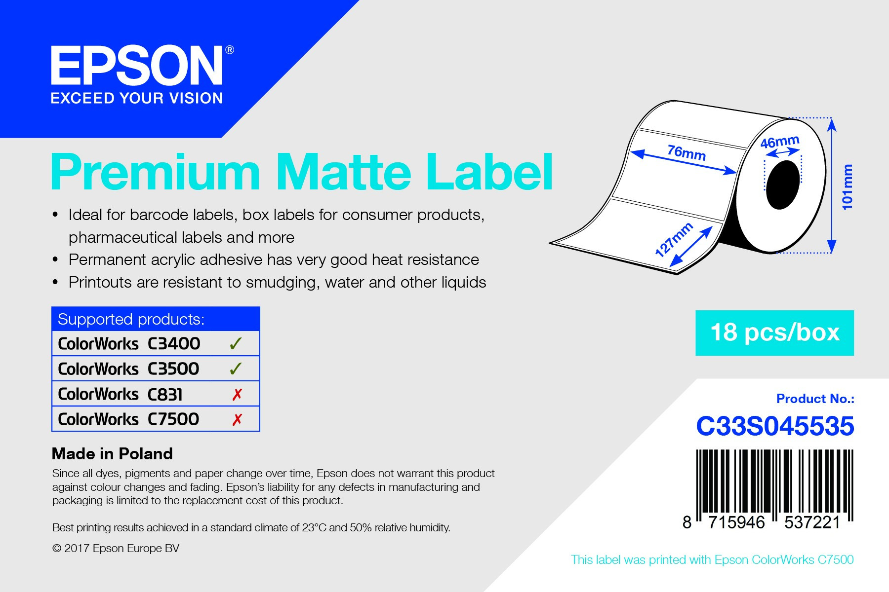 Epson prémium matt inkjet 76mm x 127mm 265 címke/tekercs