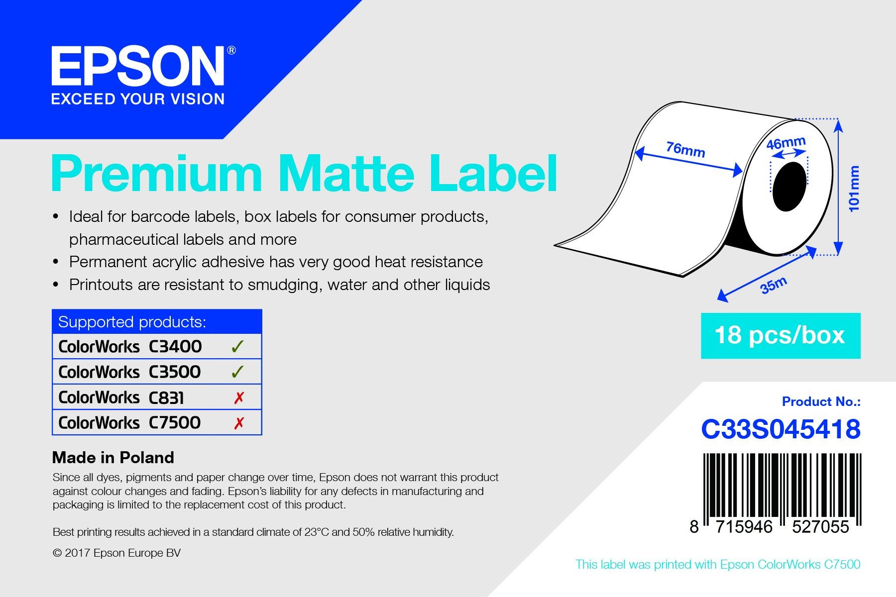 Epson prémium matt inkjet címke 76mm x 35m