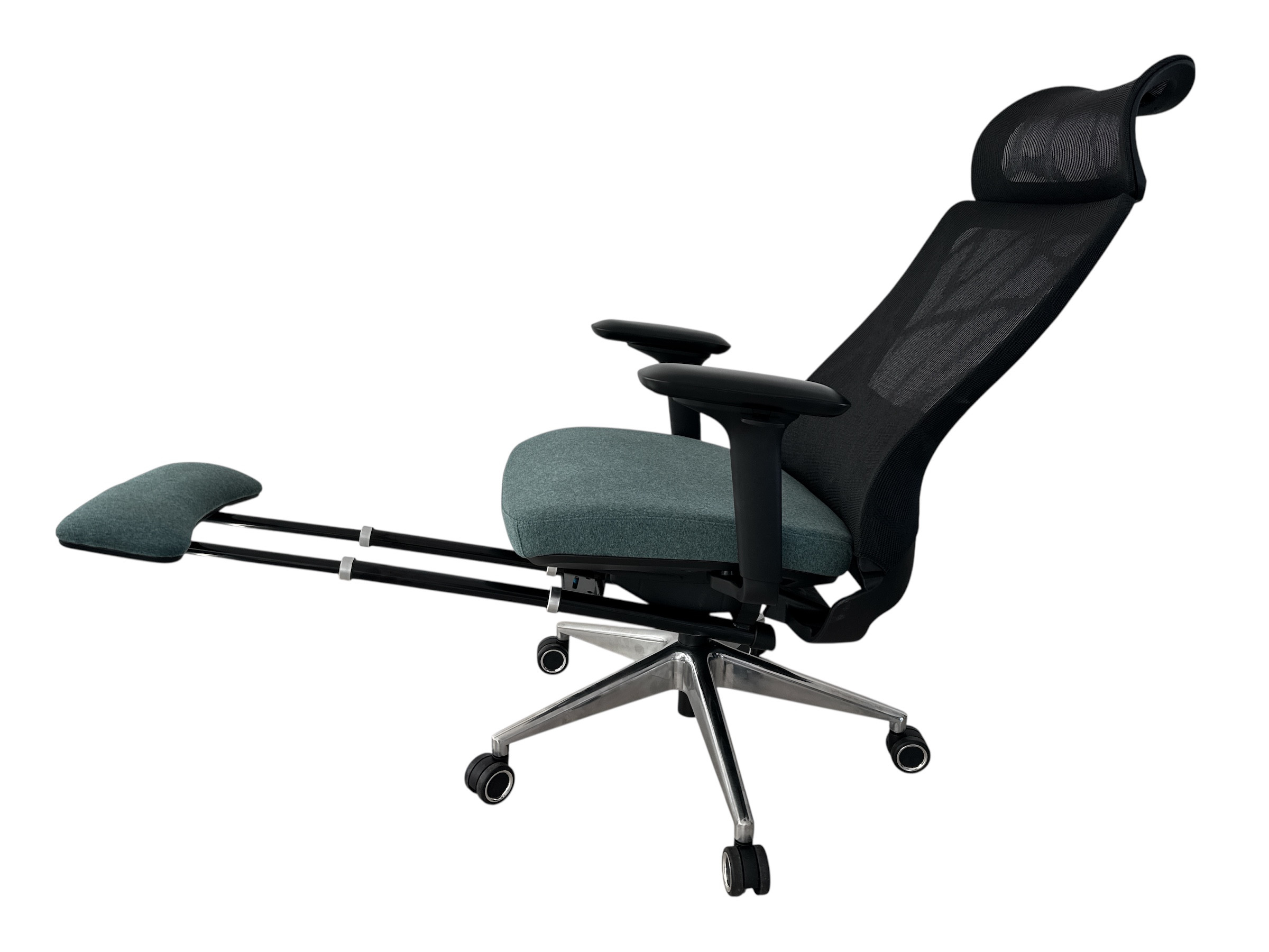 Aarven Fekete/kék, 4D kartámla, deréktámla, kihúzható lábtámla,  irodai szék