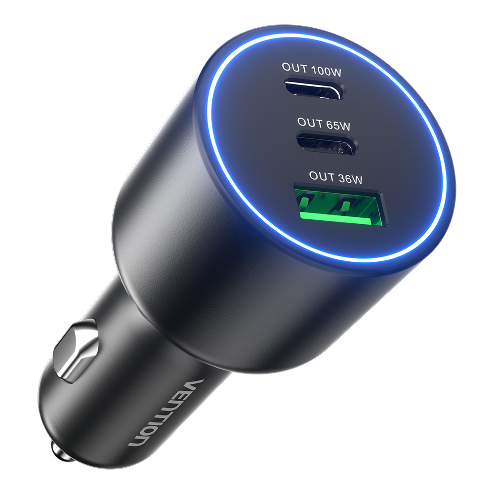 Vention USB-A+C*2 (3port,100/75/36W, fekete,szivargyújtós), töltő