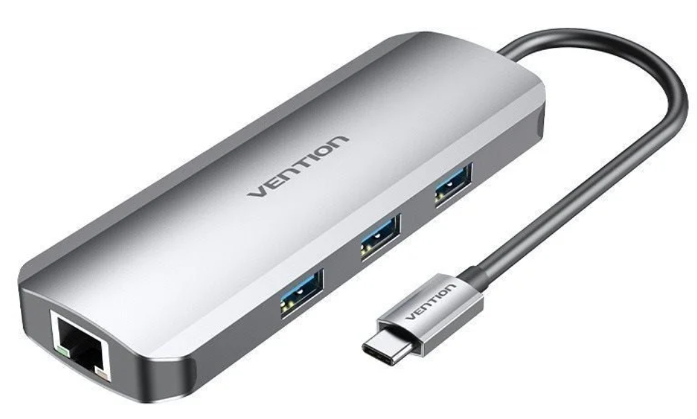 Vention USB-C -> HDMI/USB 3.0 x 3/RJ45/SD/TF/TRRS 3.5mm/PD (0,15m Szürke Aluminum Ötvözet) Dokkoló