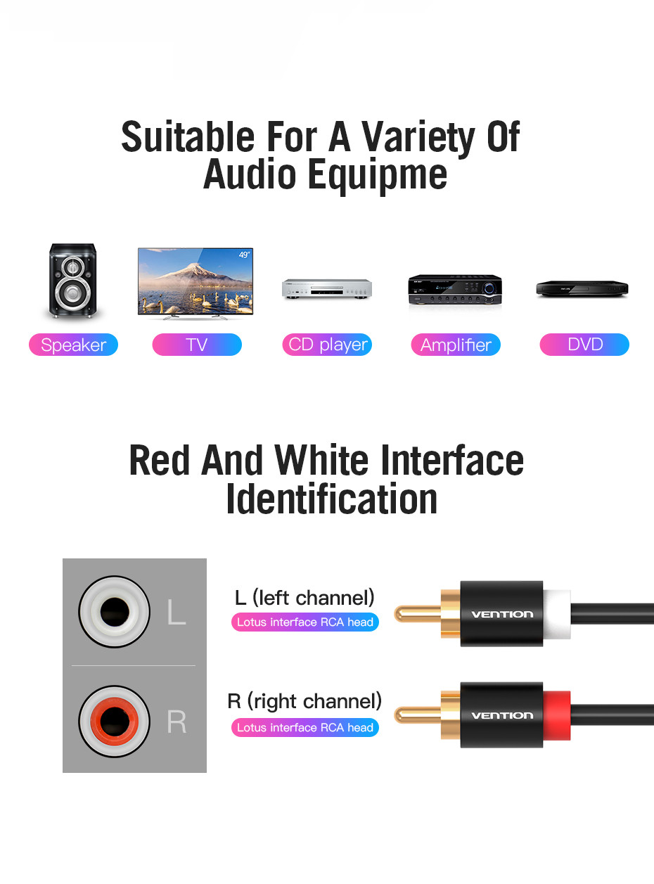 Vention 2*RCA/M -> 2*RCA/M , (audio,fekete), 1,5m, kábel