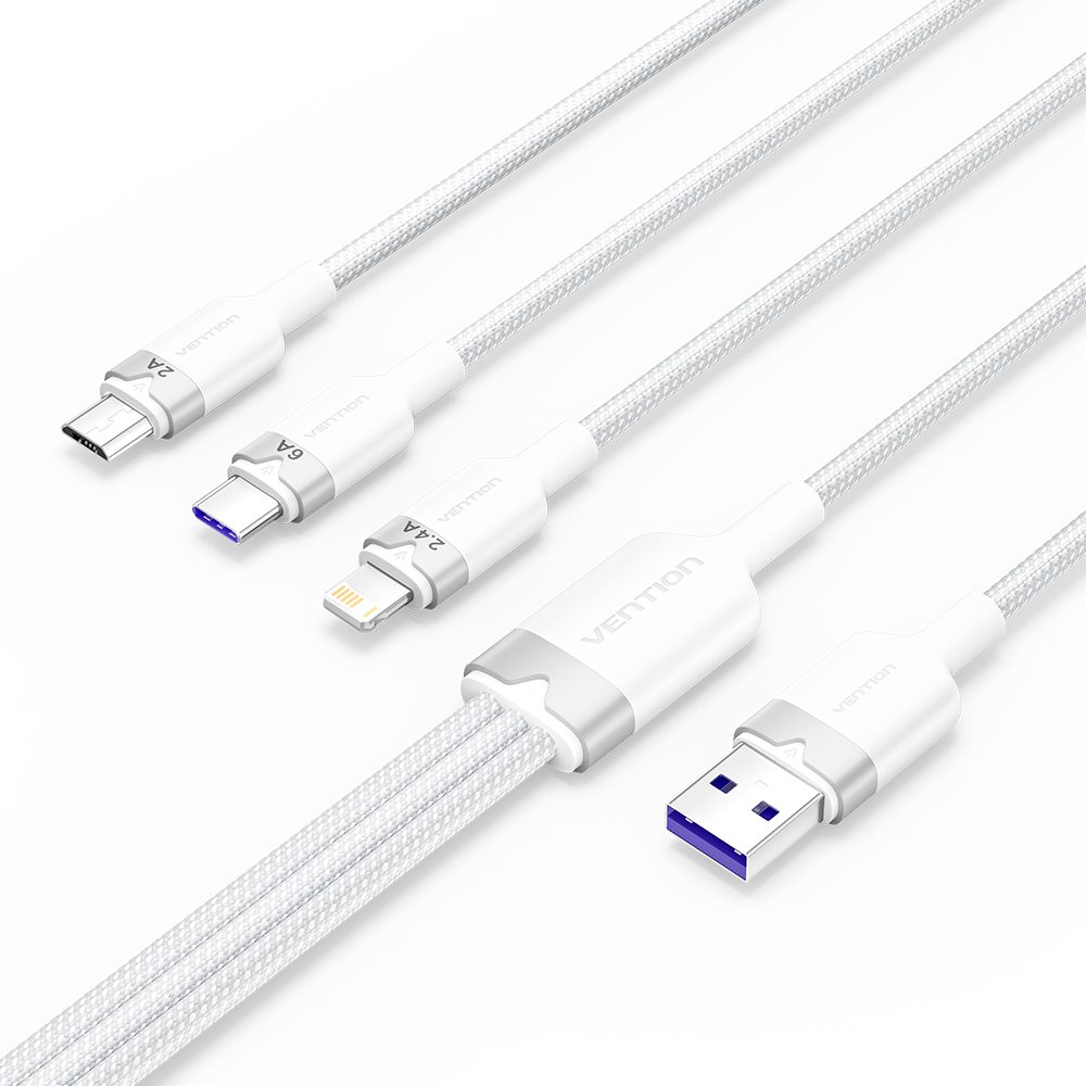 Vention USB-A 2.0/M -> USB-C/Lightning/Micro USB-B, 1,5m,(fehér,6A,3in1), kábel