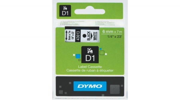 DYMO D1 43613 f.szalag 6mm x 7m fehér-fekete