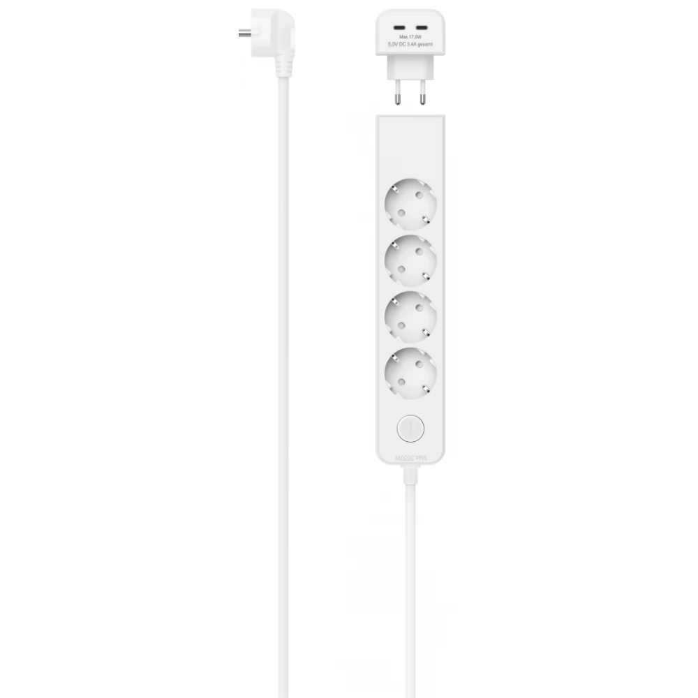 HAMA FIP Hálózati elosztó, 5-ös, 2x UCB Type-C, 17W, kapcsoló, 1,4 méter, fehér