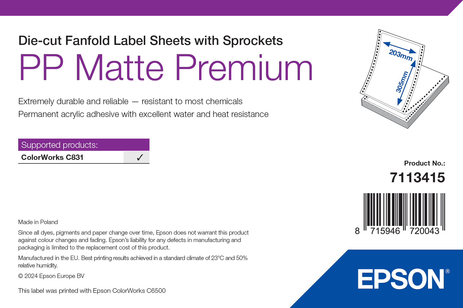 Epson PP Matte Premium címke 203mm*305mm, 500 címke/tekercs