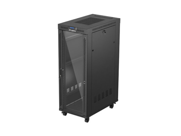 Lanberg FF01-6032-12BL 19" 32U SZÉL:600mm MÉLY:1000mm MAG:1676mm lapraszerelt LCD üvegajtós fekete szerver szekrény
