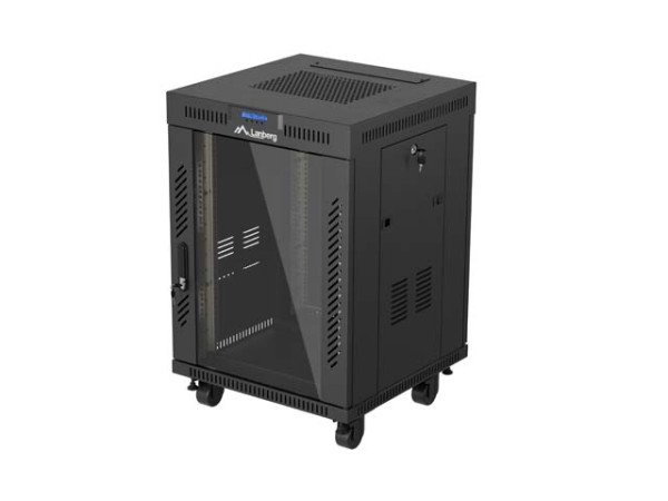 Lanberg FF01-6615-12BL 19" 15U SZÉL:600mm MÉLY:600mm MAG:928mm lapraszerelt LCD üvegajtós fekete álló rack szekrény
