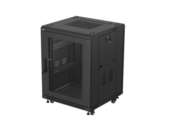 Lanberg FF01-6615-23B 19" 15U SZÉL:600mm MÉLY:600mm MAG:842mm lapraszerelt hálós fémajtós fekete álló rack szekrény