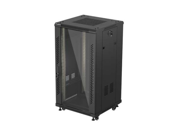 Lanberg FF01-6622-12B 19" 22U SZÉL:600mm MÉLY:600mm MAG:1159mm lapraszerelt üvegajtós fekete álló rack szekrény