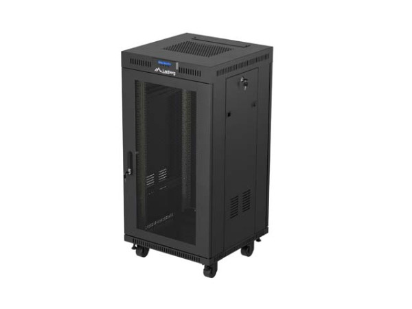Lanberg FF01-6622-23BL 19" 22U SZÉL:600mm MÉLY:600mm MAG:1239mm lapraszerelt LCD hálós fémajtós fekete álló rack szekrény