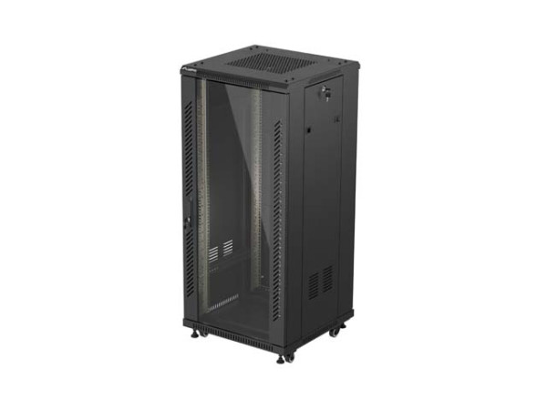 Lanberg FF01-6627-12B 19" 27U SZÉL:600mm MÉLY:600mm MAG:1381mm lapraszerelt üvegajtós fekete álló rack szekrény