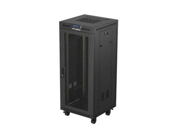 Lanberg FF01-6627-23BL 19" 27U SZÉL:600mm MÉLY:600mm MAG:1461mm lapraszerelt LCD hálós fémajtós fekete álló rack szekrény