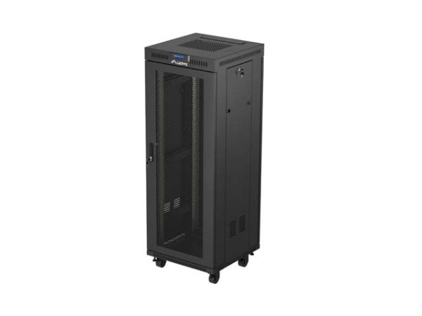 Lanberg FF01-6632-23BL 19" 32U SZÉL:600mm MÉLY:600mm MAG:1603mm lapraszerelt LCD hálós fémajtós fekete álló rack szekrény