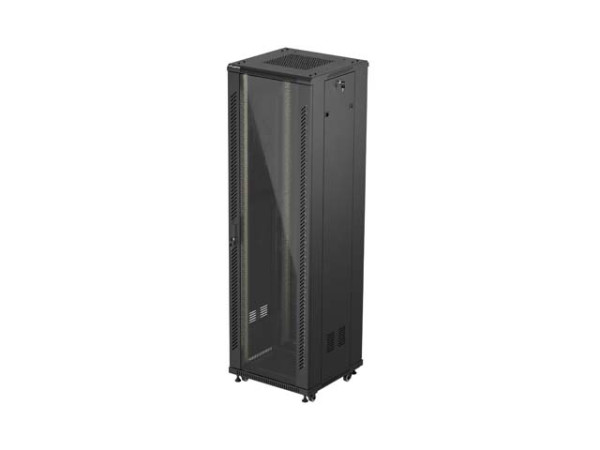 Lanberg FF01-6642-12B 19" 42U SZÉL:600mm MÉLY:600mm MAG:2047mm lapraszerelt üvegajtós fekete álló rack szekrény