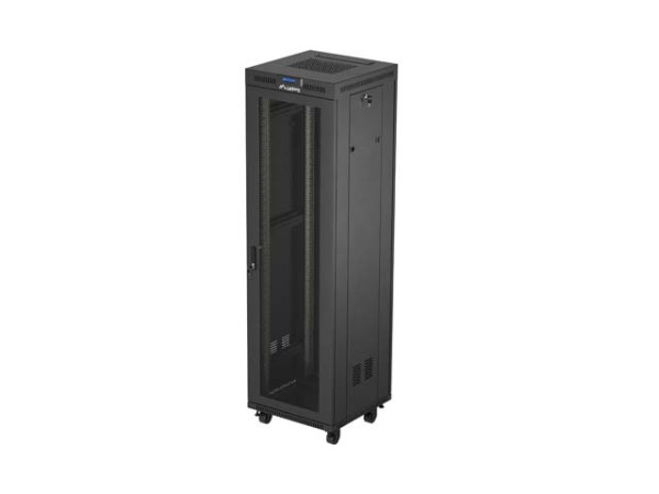 Lanberg FF01-6642-23BL 19" 42U SZÉL:600mm MÉLY:600mm MAG:2127mm lapraszerelt LCD hálós fémajtós fekete álló rack szekrény
