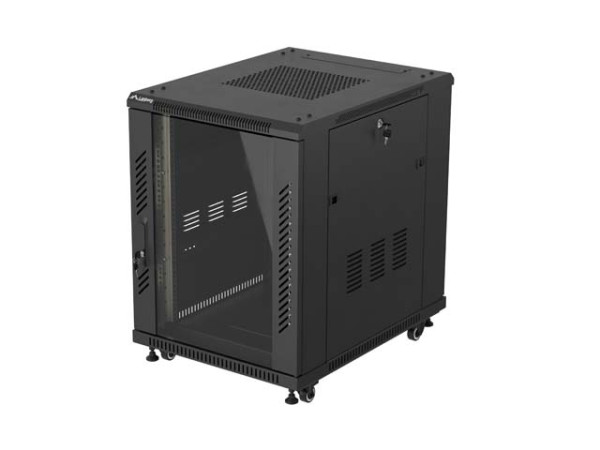 Lanberg FF01-6815-12B 19" 15U SZÉL:600mm MÉLY:800mm MAG:848mm lapraszerelt üvegajtós fekete rack álló szekrény