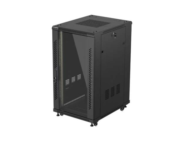 Lanberg FF01-6822-12B 19" 22U SZÉL:600mm MÉLY:800mm MAG:1159mm lapraszerelt üvegajtós fekete álló rack szekrény