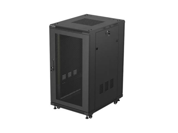 Lanberg FF01-6822-23B 19" 22U SZÉL:600mm MÉLY:800mm MAG:1159mm lapraszerelt hálós fémajtós fekete álló rack szekrény