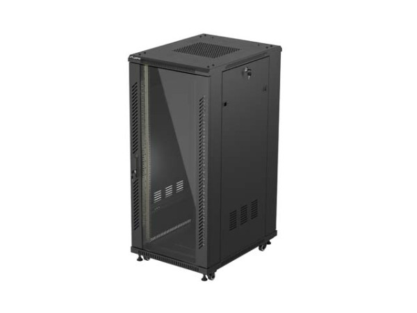 Lanberg FF01-6827-12B 19" 27U SZÉL:600mm MÉLY:800mm MAG:1381mm lapraszerelt üvegajtós fekete álló rack szekrény
