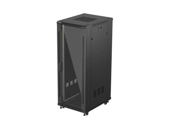 Lanberg FF01-6832-12B 19" 32U SZÉL:600mm MÉLY:800mm MAG:1603mm lapraszerelt üvegajtós fekete álló rack szekrény