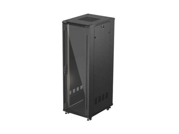 Lanberg FF01-6837-12B 19" 37U SZÉL:600mm MÉLY:800mm MAG:1826mm lapraszerelt üvegajtós fekete álló rack szekrény