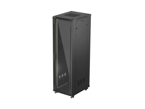 Lanberg FF01-6842-12B 19" 42U SZÉL:600mm MÉLY:800mm MAG:2047mm lapraszerelt üvegajtós fekete álló rack szekrény