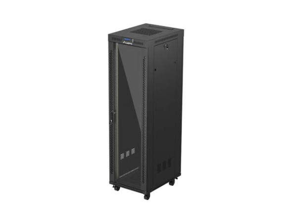 Lanberg FF01-6842-12BL 19" 42U SZÉL:600mm MÉLY:800mm MAG:2097mm lapraszerelt LCD üvegajtós fekete álló rack szekrény