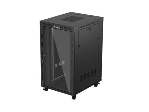 Lanberg FF01-8027-12BL 19" 27U SZÉL:800mm MÉLY:1000mm MAG:1461mm lapraszerelt LCD üvegajtós fekete szerver szekrény