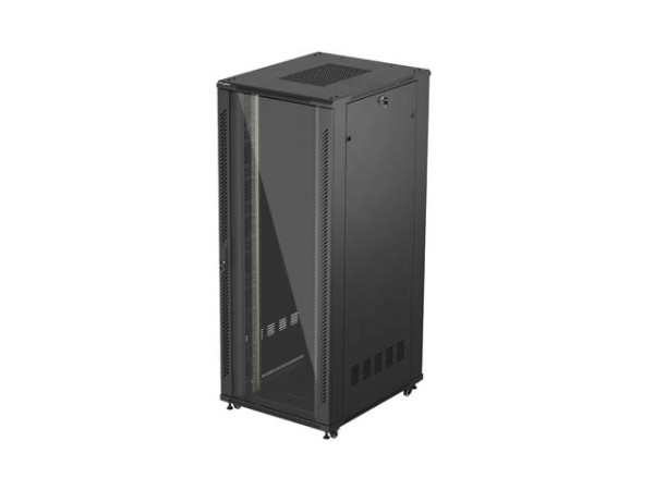 Lanberg FF01-8042-12B 19" 42U SZÉL:800mm MÉLY:1000mm MAG:2047mm lapraszerelt üvegajtós fekete szerver szekrény