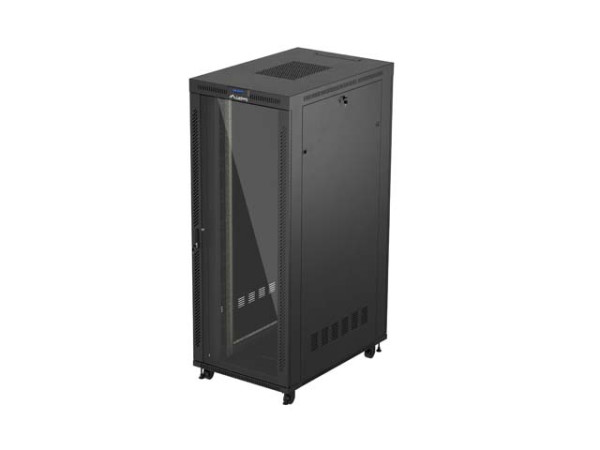 Lanberg FF01-8242-12BL 19" 42U SZÉL:800mm MÉLY:1200mm MAG:2127mm lapraszerelt LCD üvegajtós fekete szerver szekrény