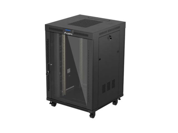 Lanberg FF01-8822-12BL 19" 22U SZÉL:800mm MÉLY:800mm MAG:1239mm lapraszerelt LCD üvegajtós fekete álló rack szekrény
