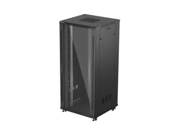 Lanberg FF01-8837-12B 19" 37U SZÉL:800mm MÉLY:800mm MAG:1826mm lapraszerelt üvegajtós fekete álló rack szekrény