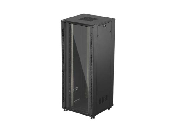 Lanberg FF01-8842-12B 19" 42U SZÉL:800mm MÉLY:800mm MAG:2047mm lapraszerelt üvegajtós fekete álló rack szekrény