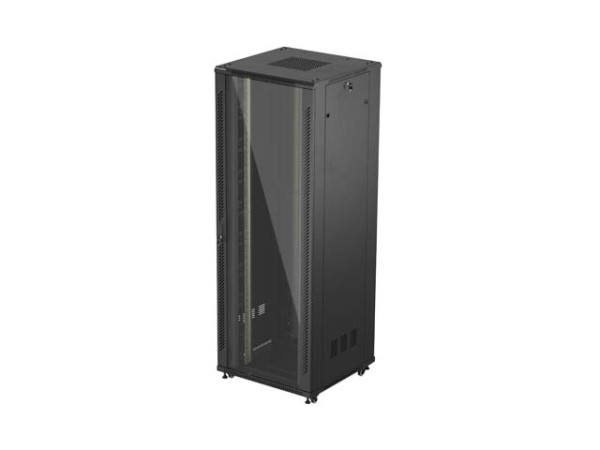 Lanberg FF01-8847-12B 19" 47U SZÉL:800mm MÉLY:800mm MAG:2270mm lapraszerelt üvegajtós fekete álló rack szekrény