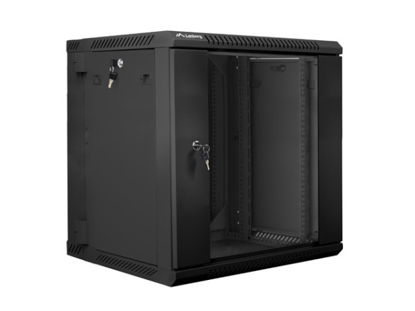 Lanberg WF02-6612-10B 19" 12U SZÉL:600mm MÉLY:600mm MAG:640mm lapraszerelt üvegajtós fekete kétrészes fali rack szekrény