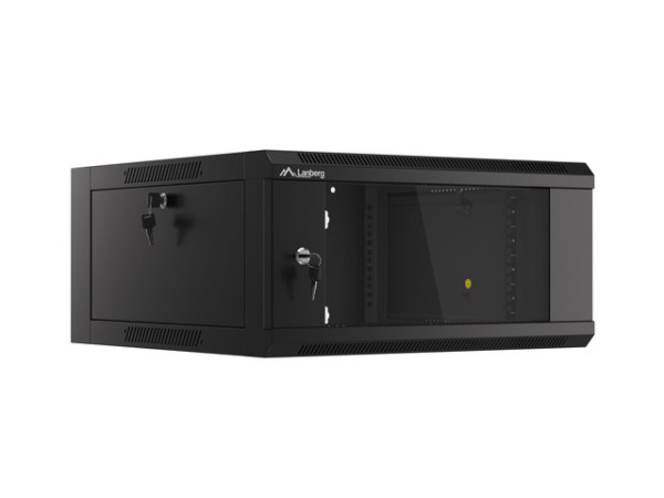 Lanberg WFFA-5604-10B 19" 4U SZÉL:570mm MÉLY:600mm MAG:277mm lapraszerelt üvegajtós fekete fali rack szekrény