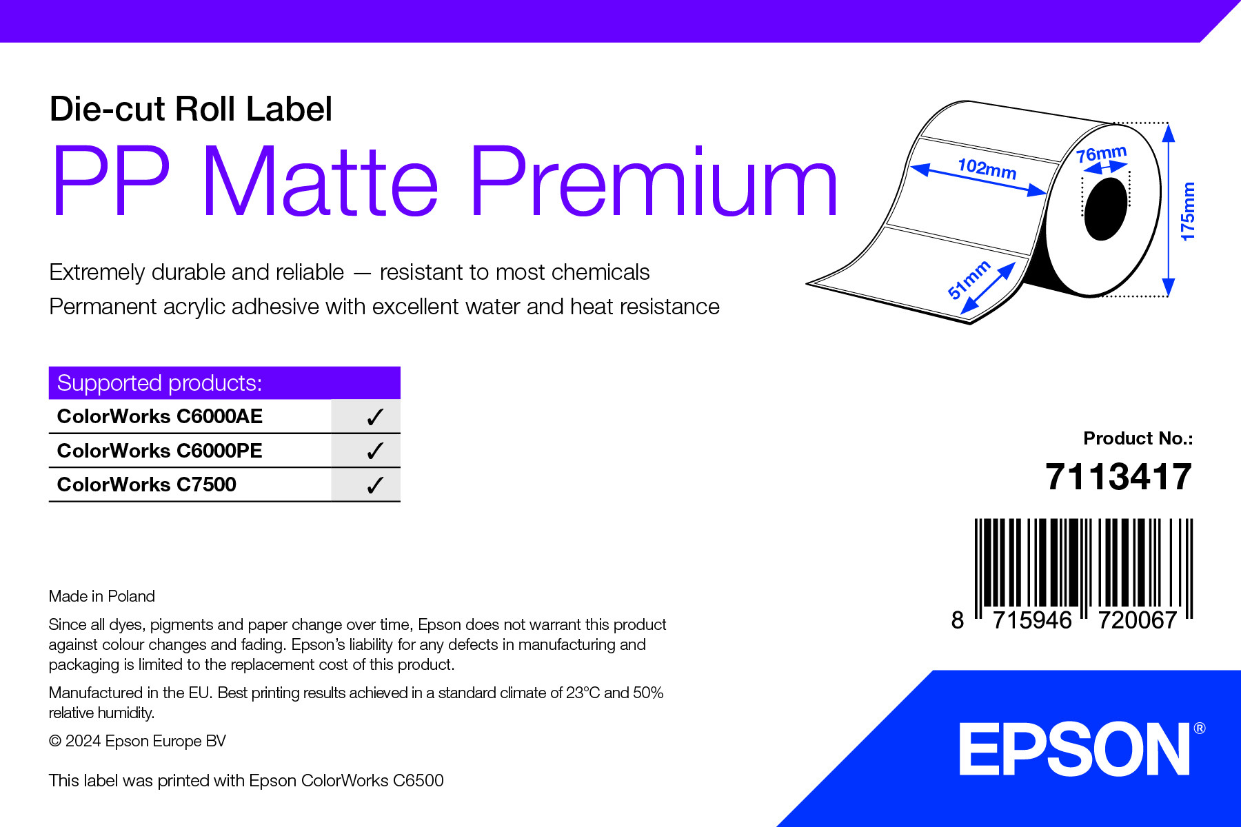Epson PP Matte Premium címke 102mm*51mm, 2310 címke/tekercs