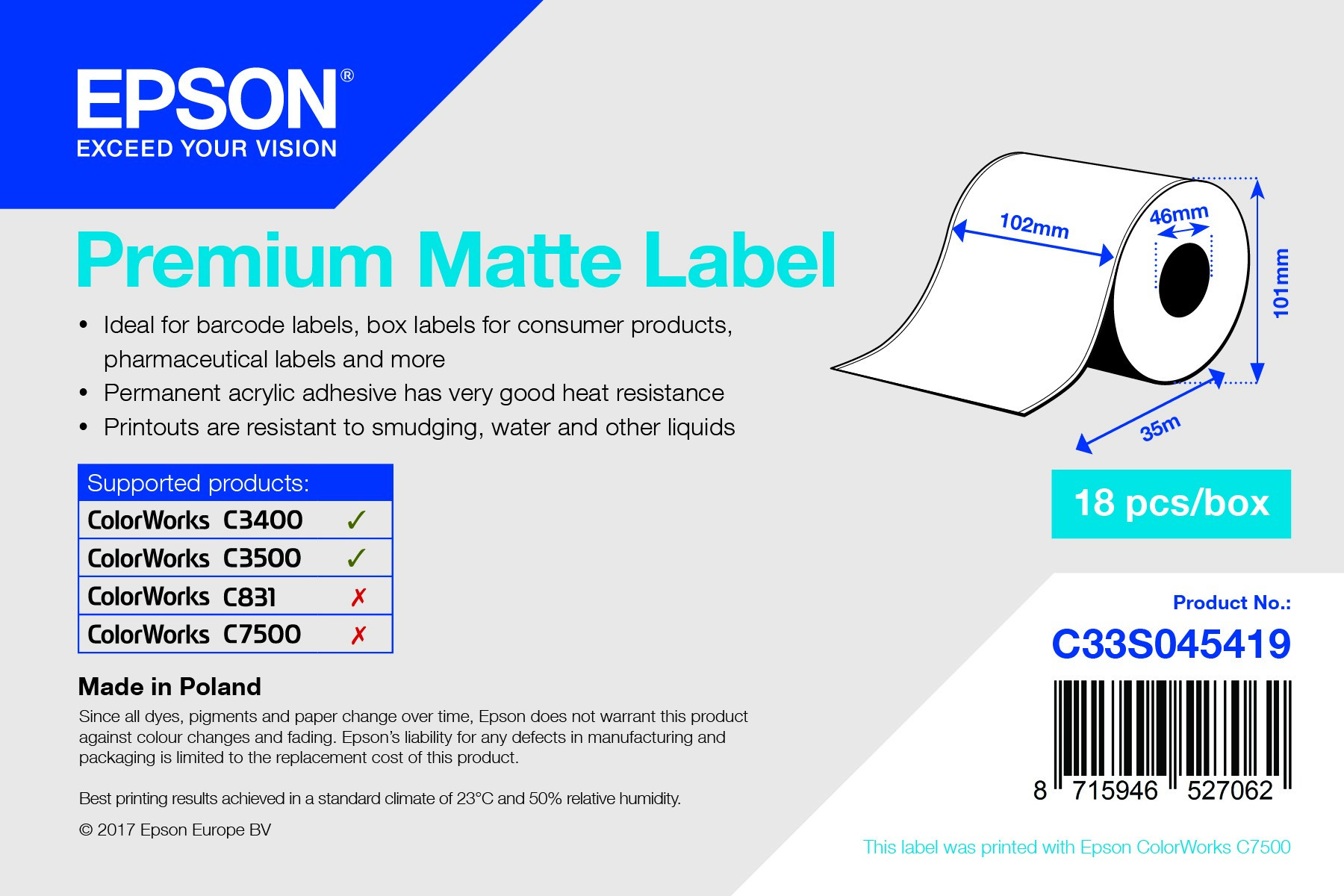 Epson Premium Matte folytonos címketekercs 102mm*35fm