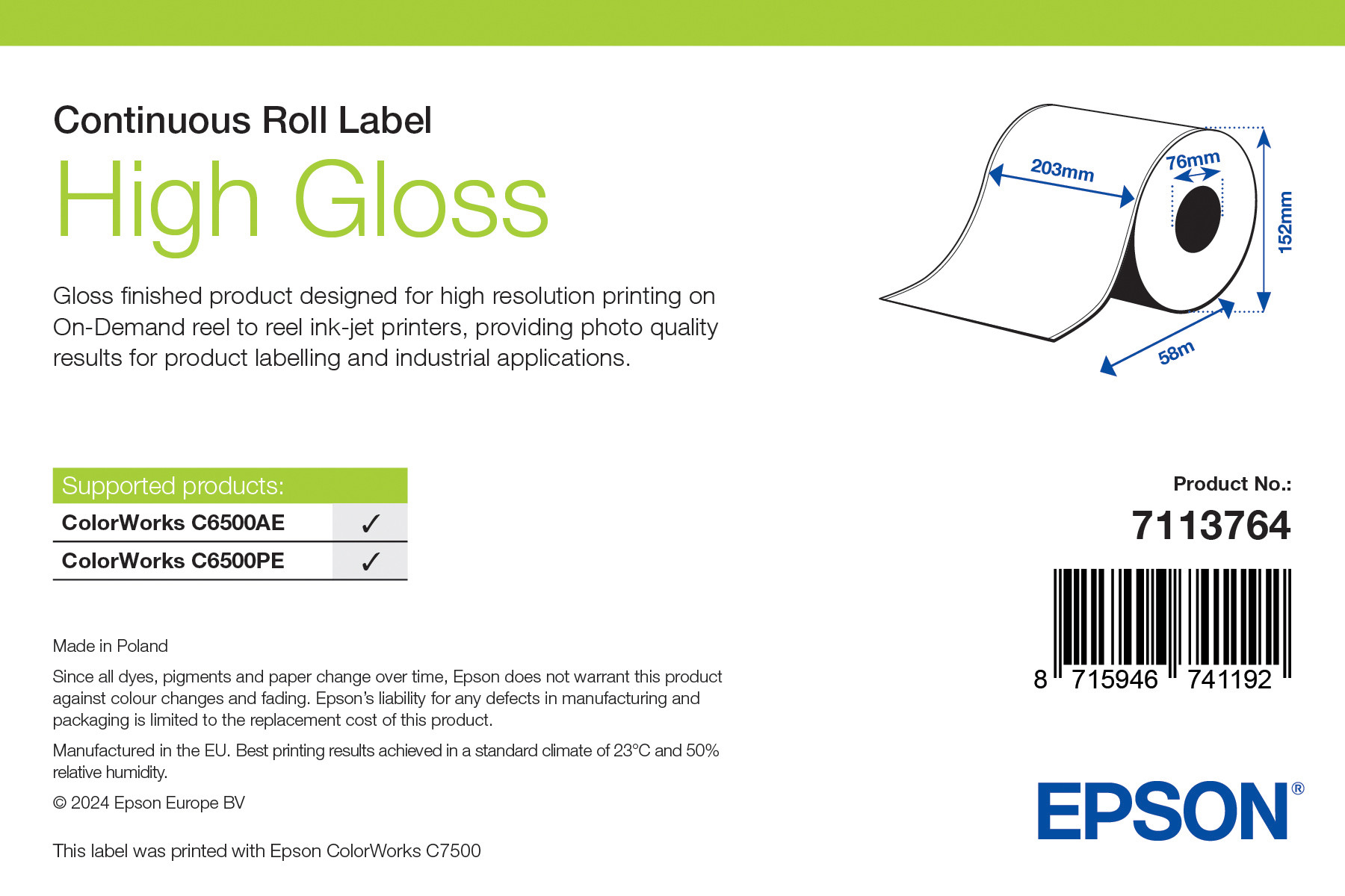 Epson High Gloss folytonos címketekercs 203mm*60fm