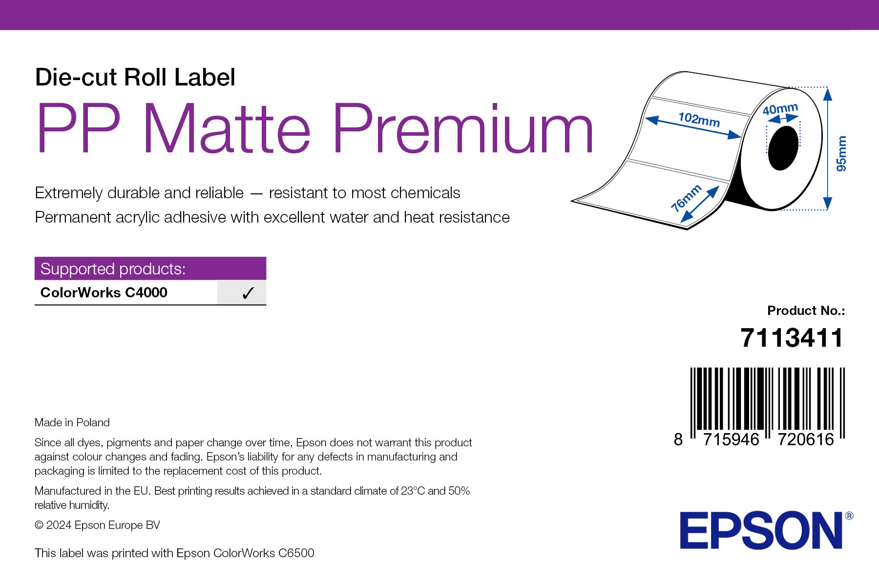Epson PP Matte Premium címke 102mm*76mm, 365 címke/tekercs