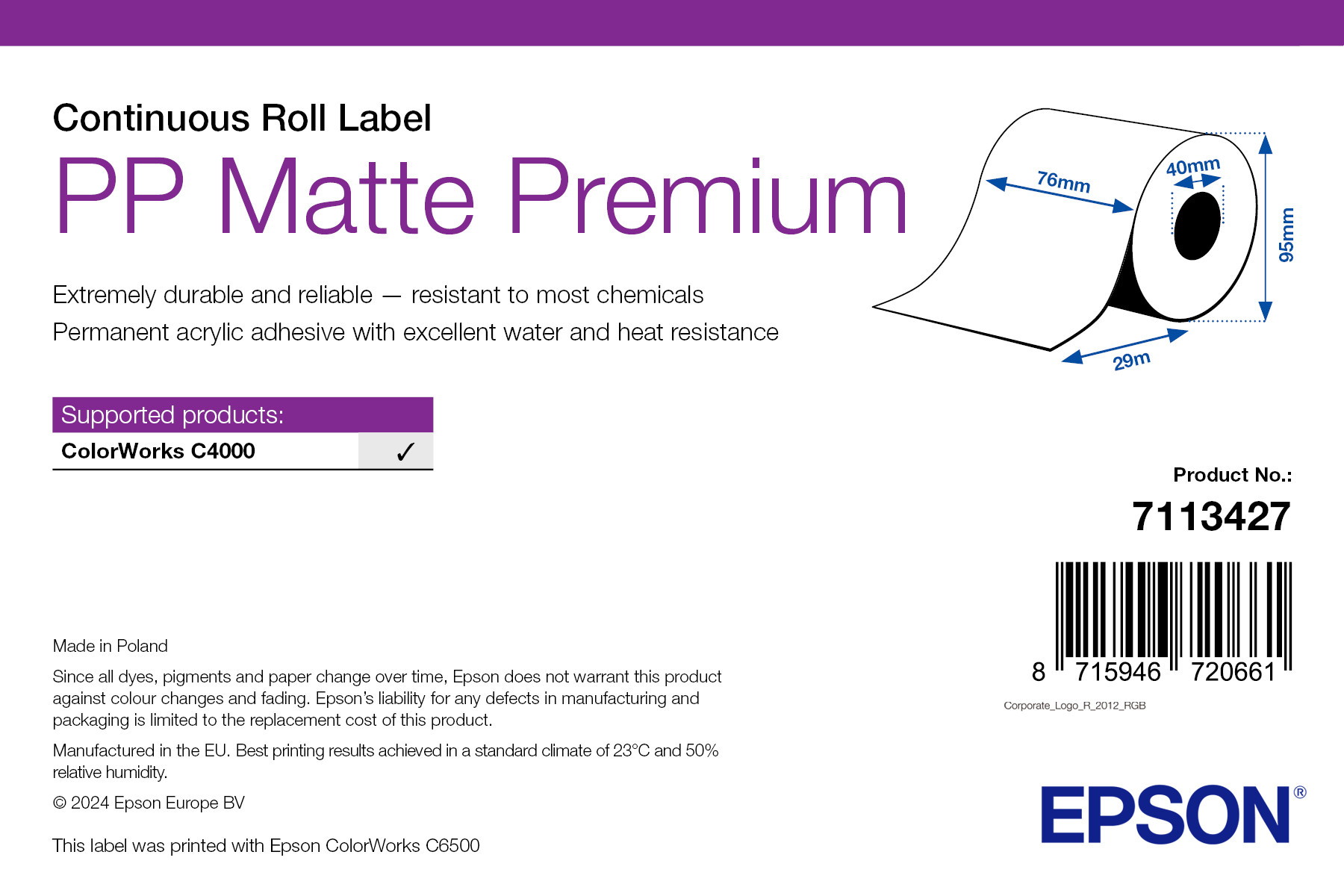 Epson PP Matte Premium folytonos címketekercs 76mm*29fm