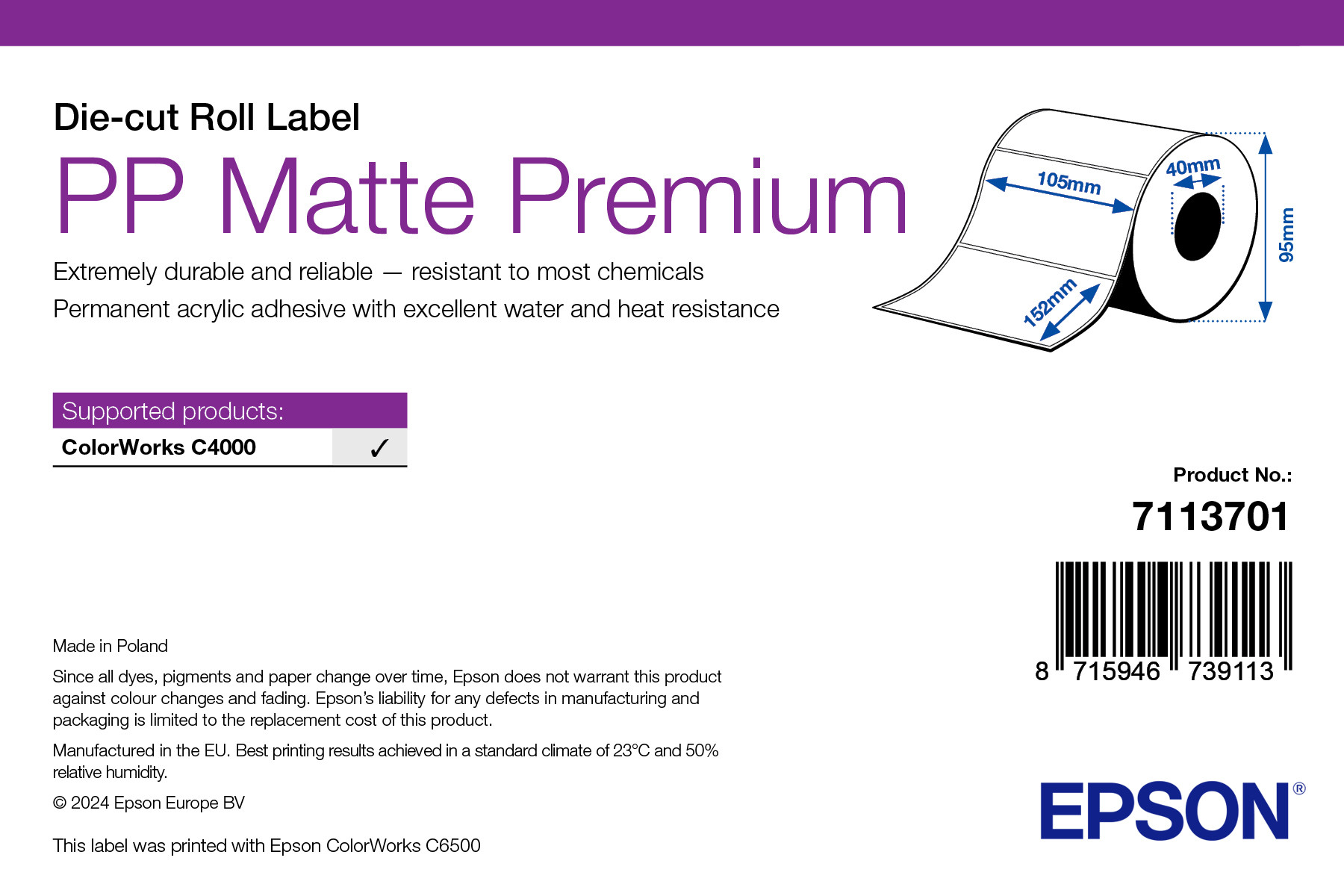 Epson PP Matte Premium címke 105mm*152mm, 185 címke/tekercs