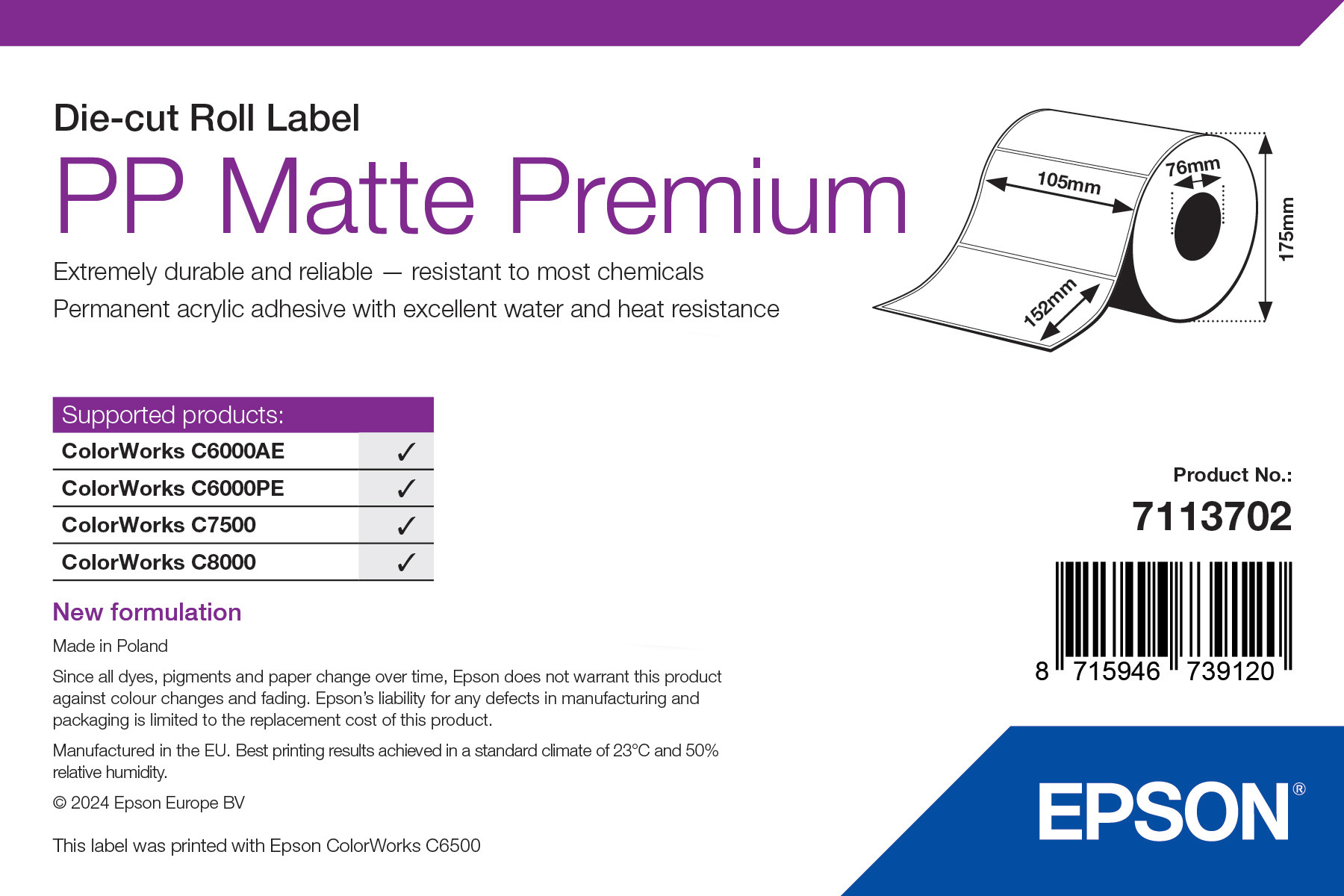 Epson PP Matte Premium címke 105mm*152mm, 800 címke/tekercs